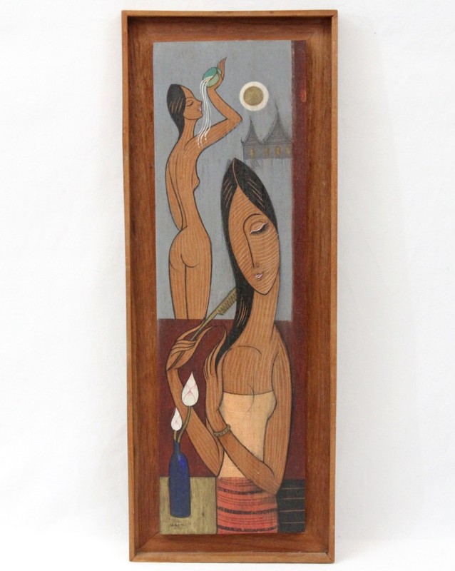Udom Thai Vintage Modernist Painting Wood Carving Woman Still Life Figure