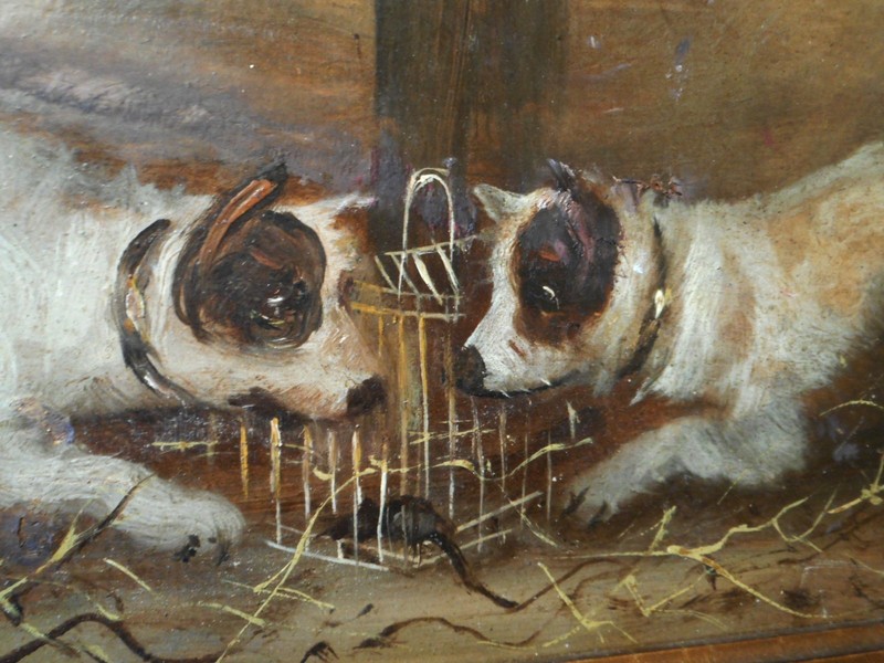 Antique Rustic Two White Dog Oil Painting Rat Terrier Ratting English Portrait gallery