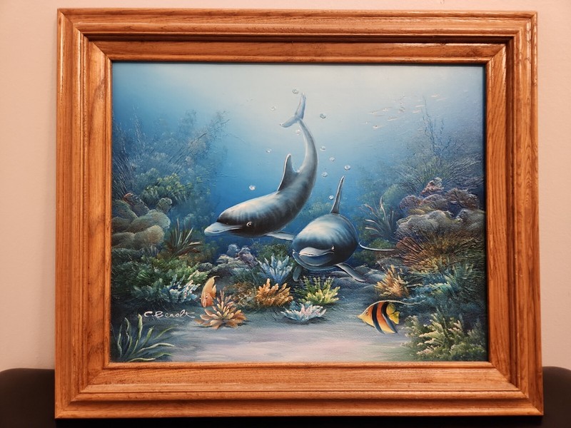 C. Benolt Signed Original Oil on Canvas Painting Dolphins Framed 20×16 Vintage