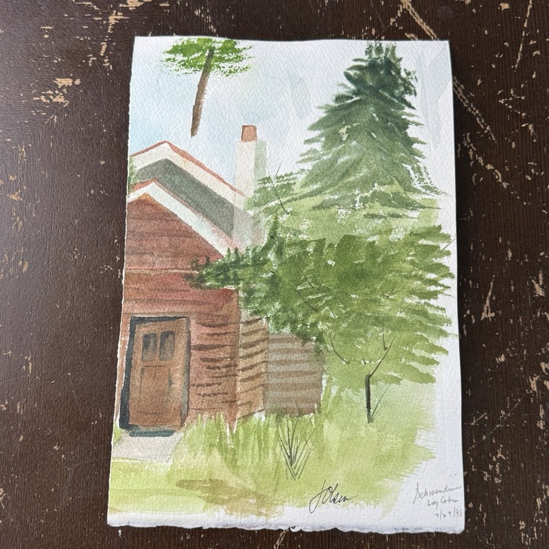 Watercolor Painting Original Double Sided Signed 7.5×11 Log Cabin Gated Stairway