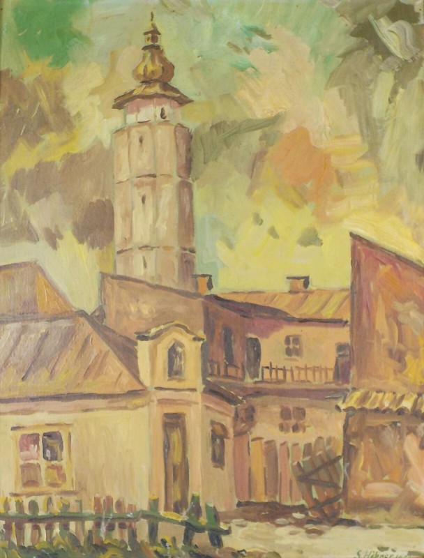 Vintage Original 1962 Oil Painting of a Village Landscape by S. Hubner Listed gallery
