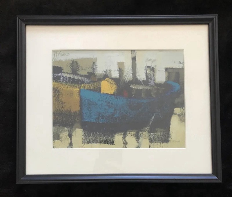 ORIGINAL Felipe PERSICO Modern MCM Art Painting of Industrial Scene w Boats