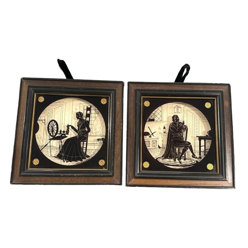 C&A Richards Reverse Paint Lot Of 2 John Alden And Pricilla Silhouette 1930’s OG