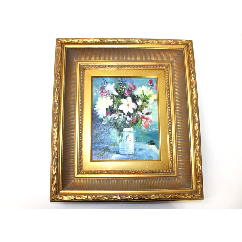 Framed Floral Still Life Oil Painting Ornate Gold Frame Signed Vintage 18″ x 16″