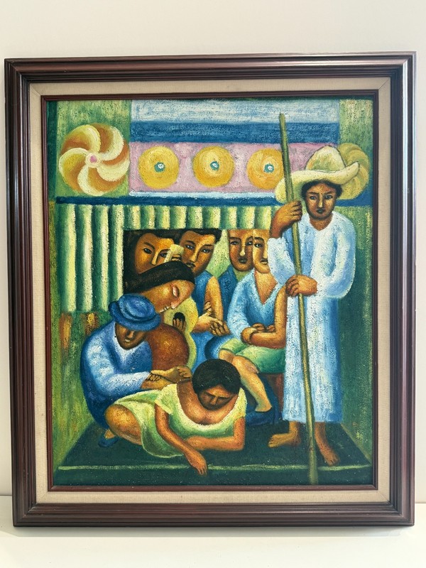 Original Oil Painting in the Style of Diego Rivera, Group of Mexican Figures