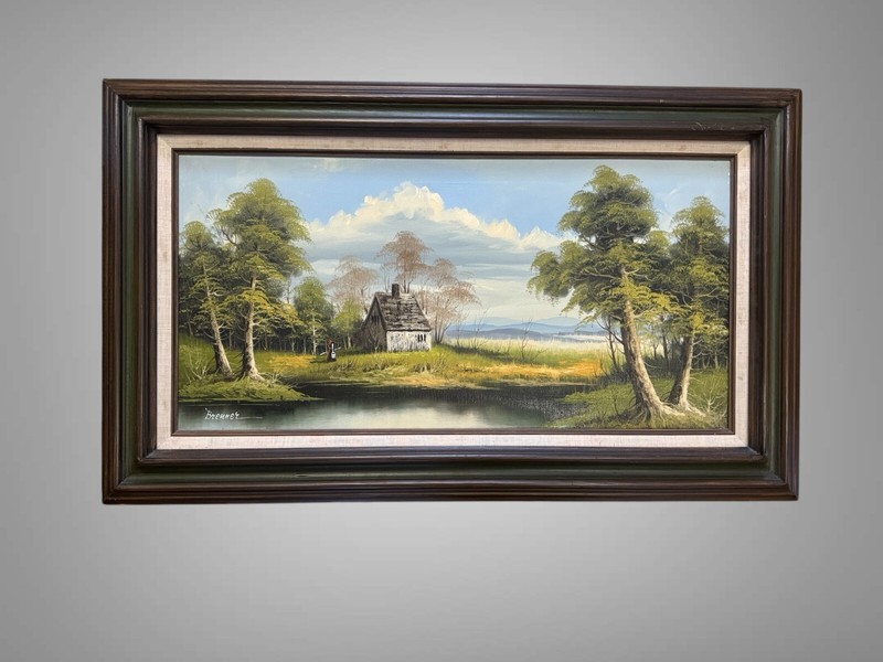 Mid-Century Serene Cottage by a Lake- Rustic Painting by Brenner – Framed – VTG