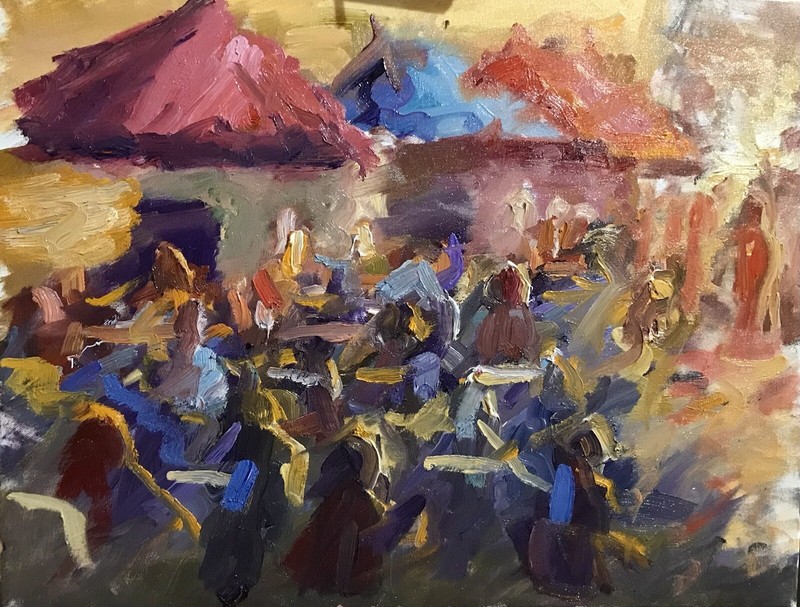 Original Impressionist Oil Painting Signed “Glimpse: Cafe At Sunset”