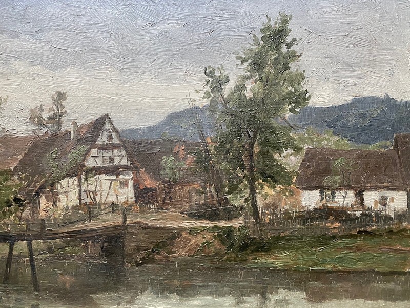 Impressionist Oil Painting Home on the Shore Timber Frame Bridge Signed Monogram gallery