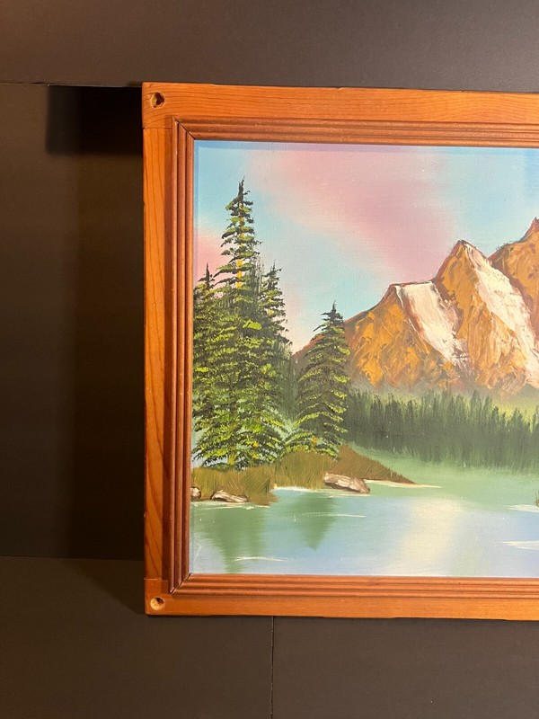 Original Tree Line Mountain Lake Oil on Canvas Painting Framed Wall Art 23 x 19" gallery