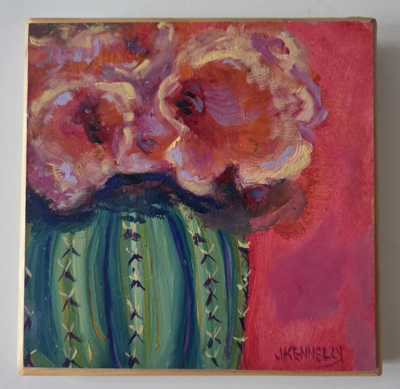 Cactus Cacti Barrel Flower Original Oil Painting Small Art 6×6 Southwest Art