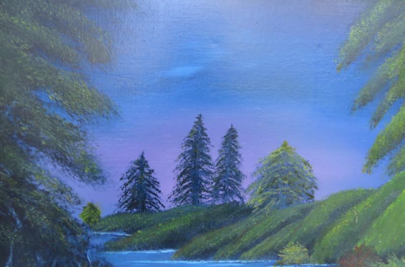 FRAMED OIL ON CANVAS A SERENE NATURAL SCENE LIKE EVERGREEN TREE PAINTING gallery