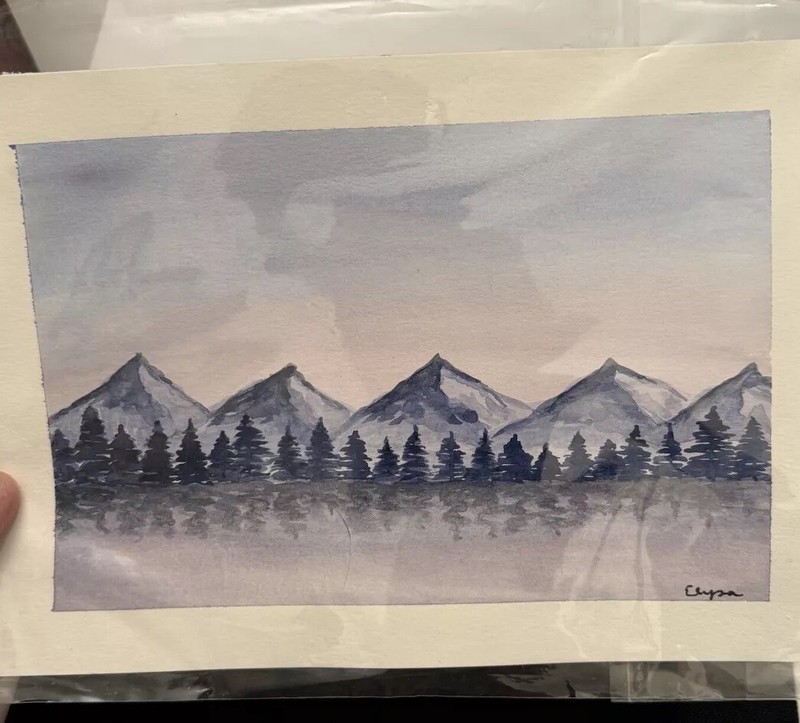 Mountain Range & Line Of Trees, Watercolor Original, Minimalistic-Signed 8.5×5.5