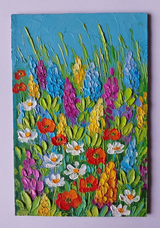 Framed Summer Wildflowers Lupine Daisy Poppy 4x6” Impasto Oil Painting Original gallery