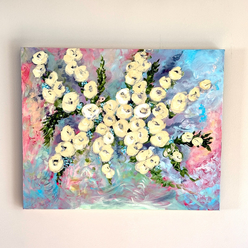 Original Large Floral Painting 24×30 White Garden Buttercup Flowers Pastel