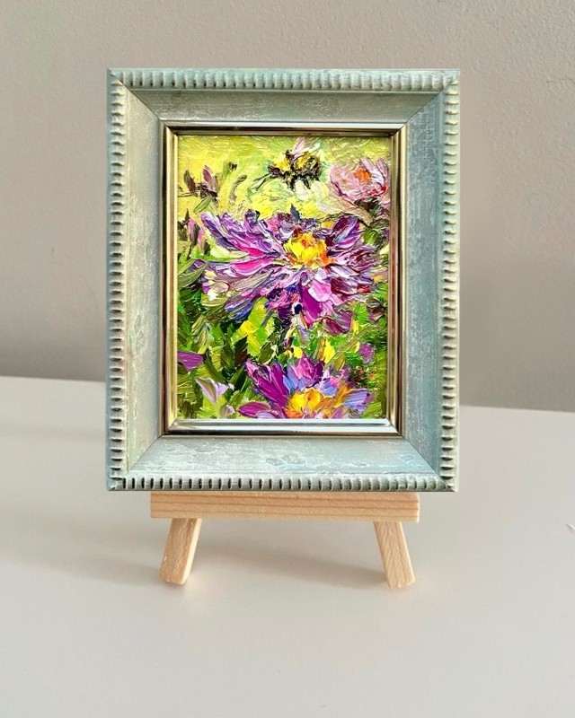 Meadow Flowers Honey Bee Original Oil Painting Mini Art 3×2.5 in Signed OS