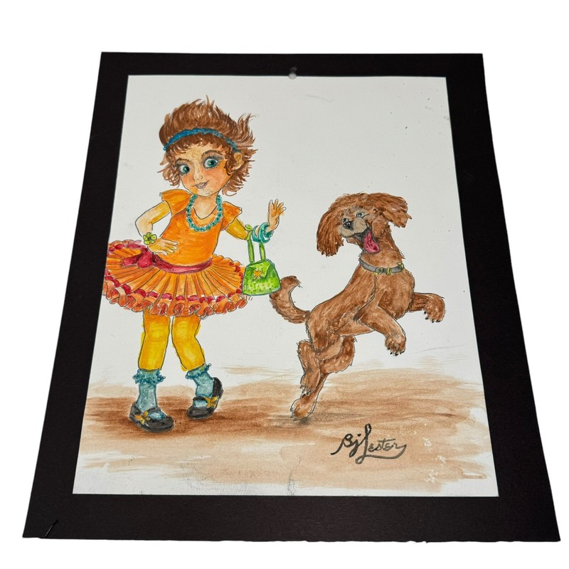 Vtg Brown Hair Girl Orange Dress Cute Brown Shaggy Dog Pen Ink Drawing