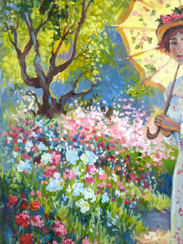 Original Acrylic Painting Lady with Parasol in Garden Impressionist Art 70x50cm gallery