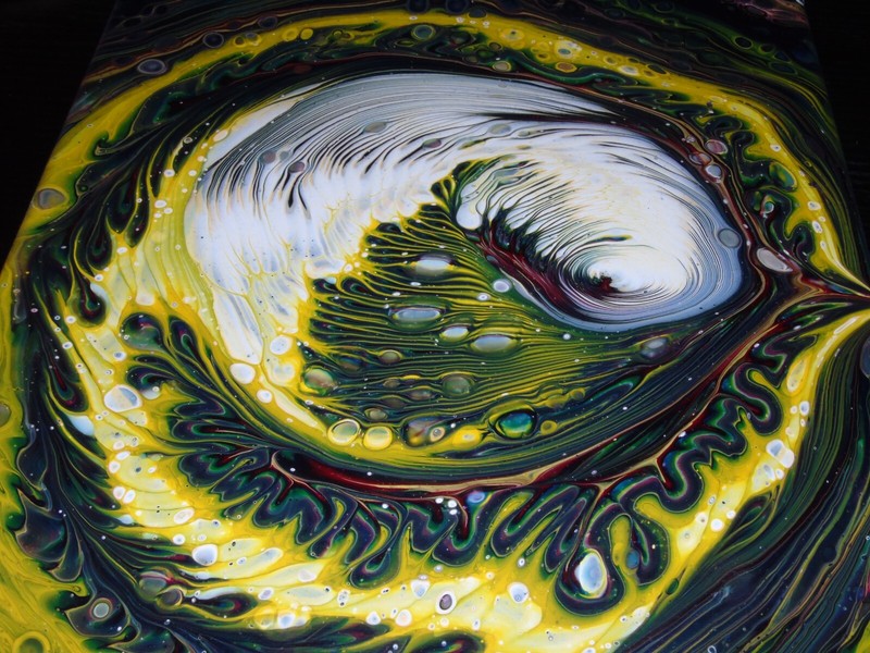 14″x11″ Green, red, yellow & white Original Abstract Acrylic Paint Pour Painting