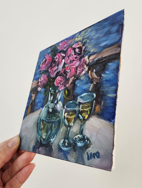 Pink Roses by the Sea Original Oil Painting 6x6, Impressionist Floral OOAK gallery