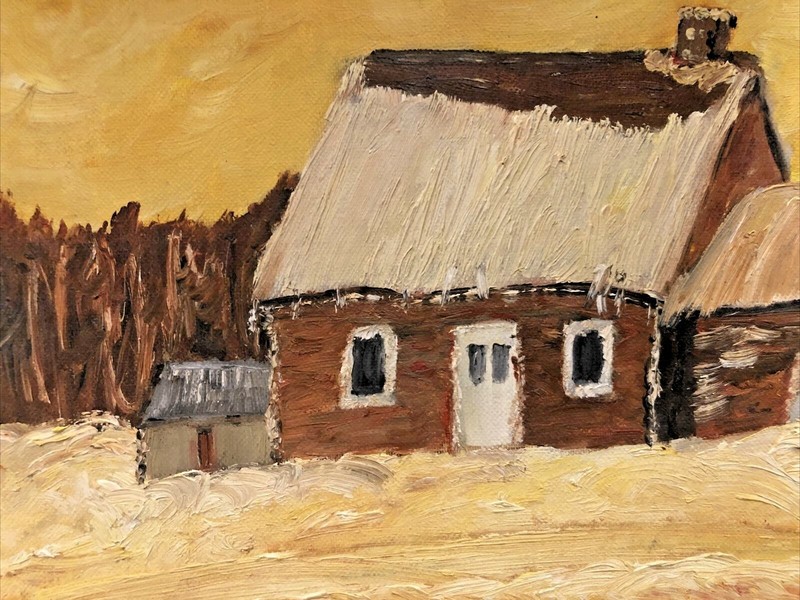 Vintage Oil Painting Old Quebec Farmhouse in Winter Canada Art Primitive Naive gallery