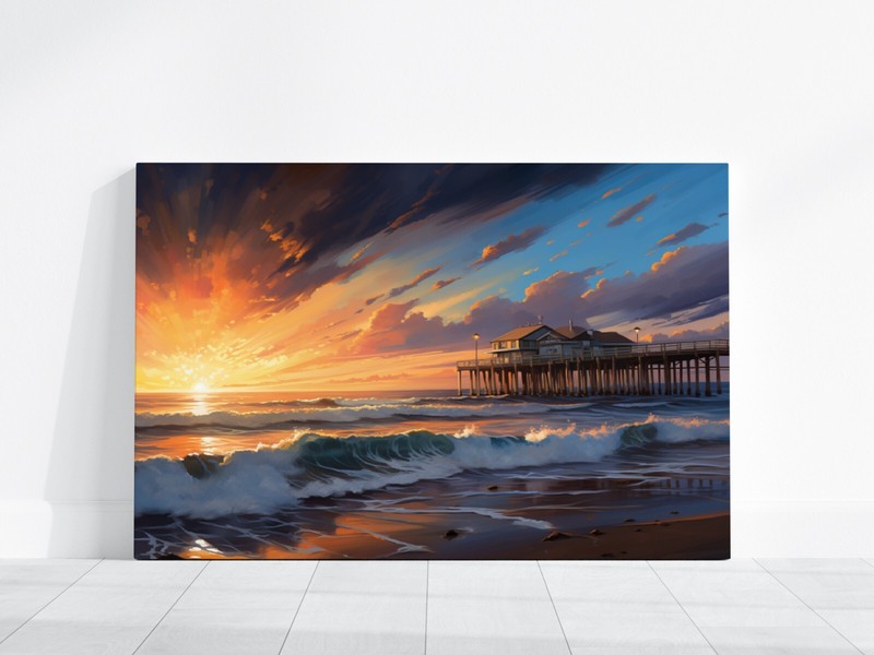 Sunset Painting, Ocean Waves Beach Painting, Pier on Beach Landscape Art Framed