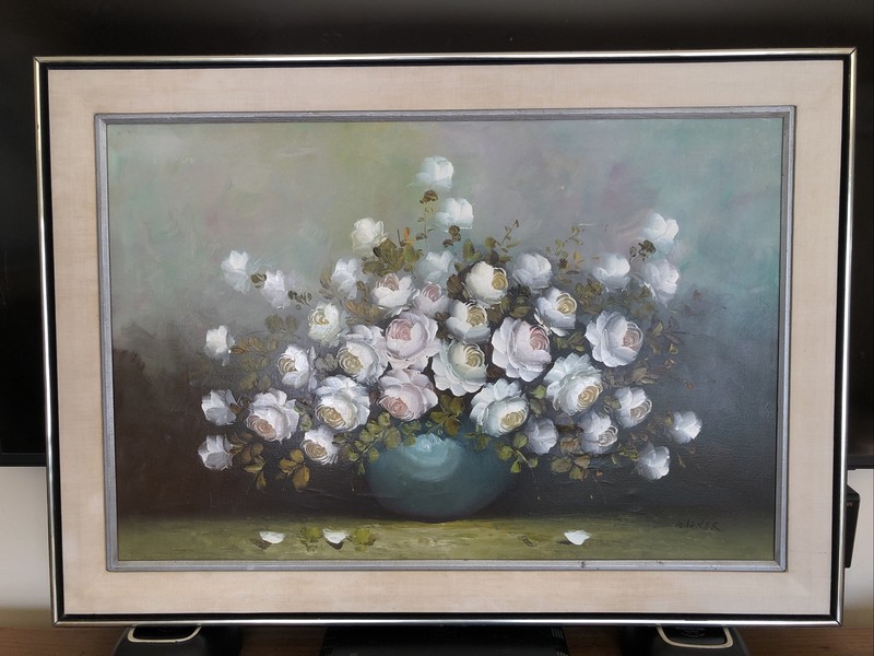 ORIGINAL Large Oil Painting Roses Bouquet by WAGNER 36” X 24″ Framed 42” X 30”