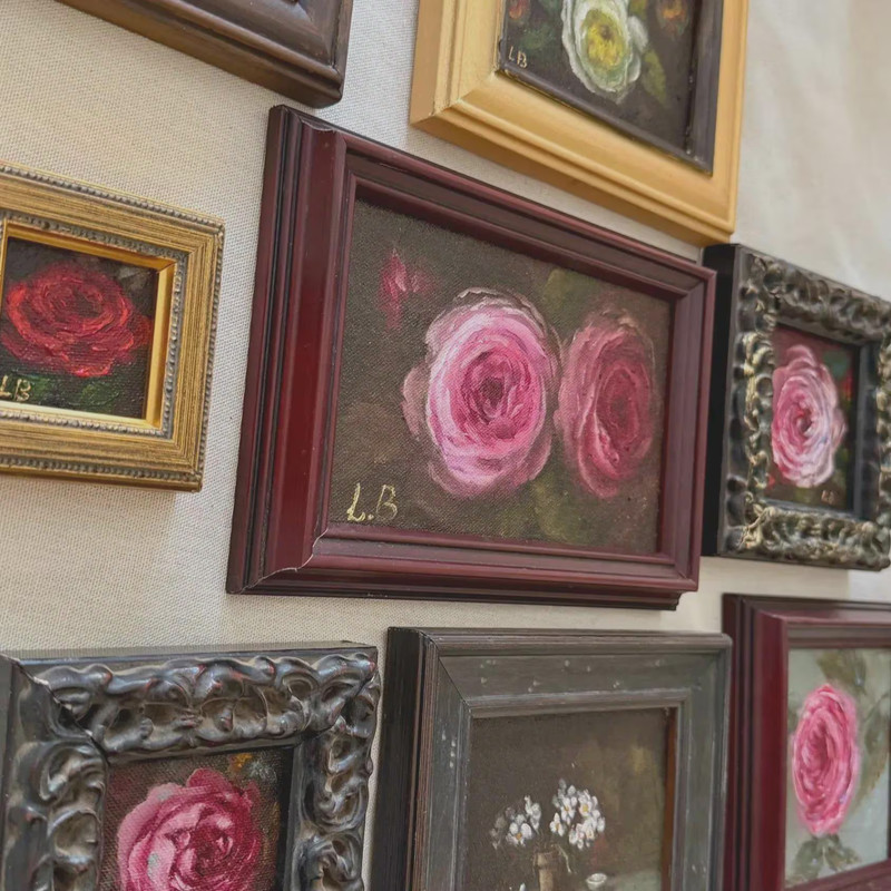 tiny wooden framed Red Rose Oil Painting | Original Hand Painted Floral Artwork gallery