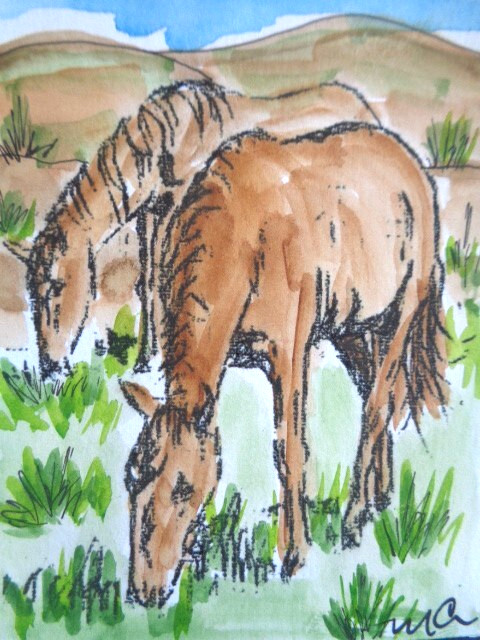 ACEO Country FARM HORSES ON THE WILD Mountains Landscape Watercolor Painting