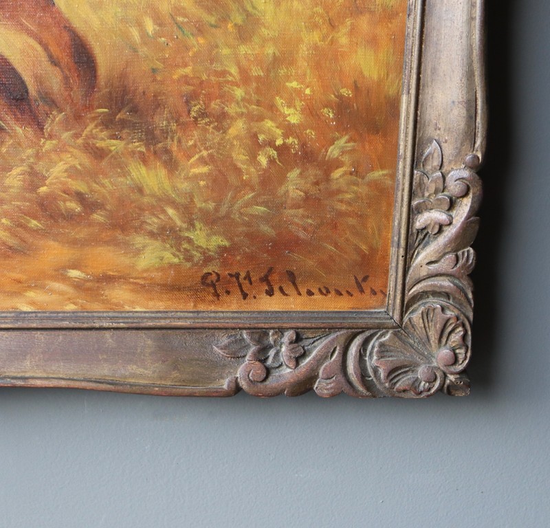 28" Wide Antique Oil Painting of Two Hunting Dogs By Paul Schouten (1860-1922) gallery