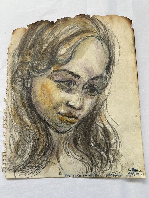 Vintage Watercolor Painting “Sad Girl In Cafe” by Bill Rakocy