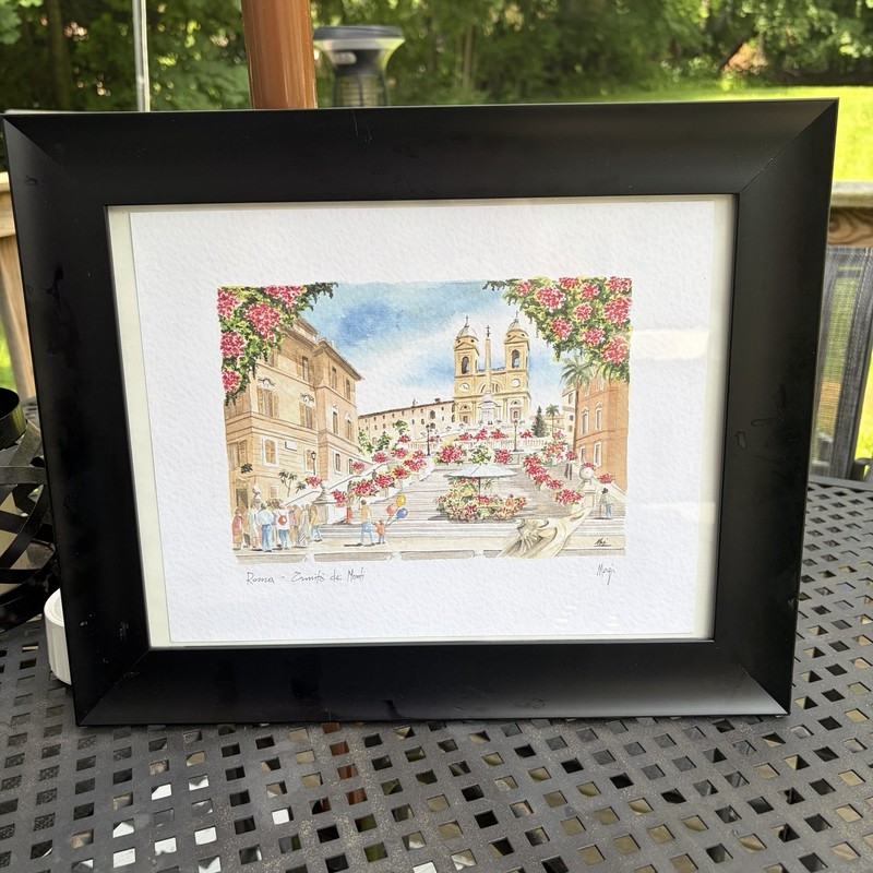Original Watercolor Rome Italy Spanish Steps Cityscape Black Frame Art 13x21n
