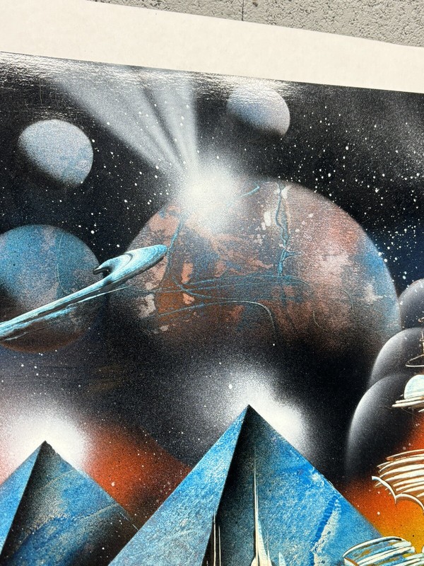 Spray Painted Signed Street Art 2007 Painting Sci Fi City Space Art 13.5” X 17” gallery
