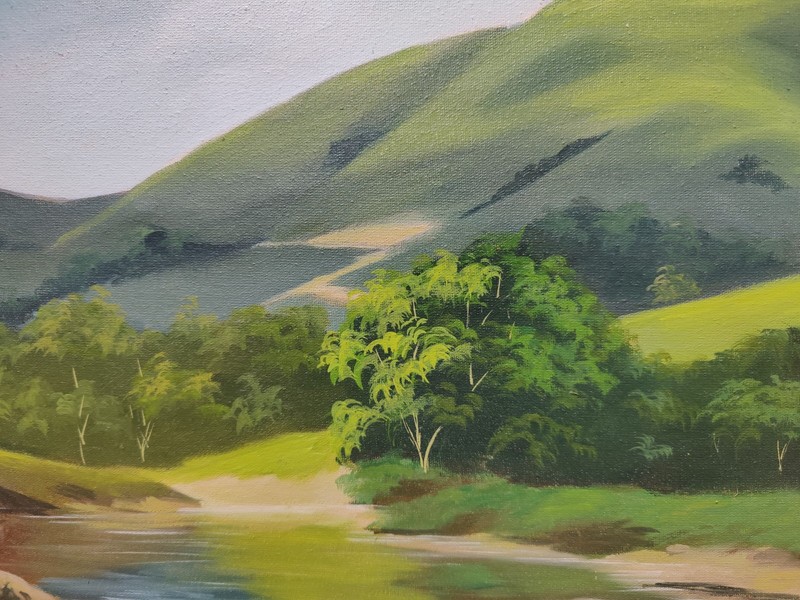 Vintage Lush Green Trees & Mountain Landscape Oil Painting Framed 22x18 gallery