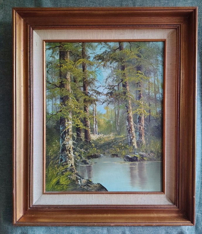 PINE FOREST 💚🤎 OIL PAINTING Original ART Deep Woods Pond Lake Vintage Framed