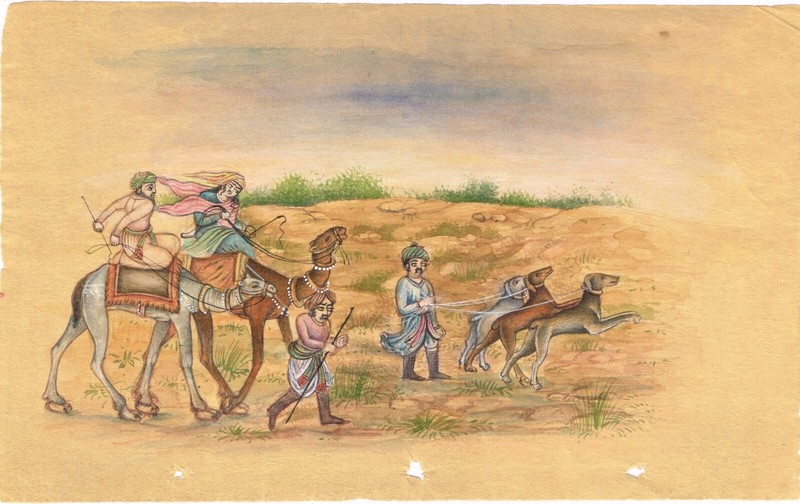 Rajasthani Miniature Old Painting Of King And Queen Riding On Camel 6x3.5 Inches gallery