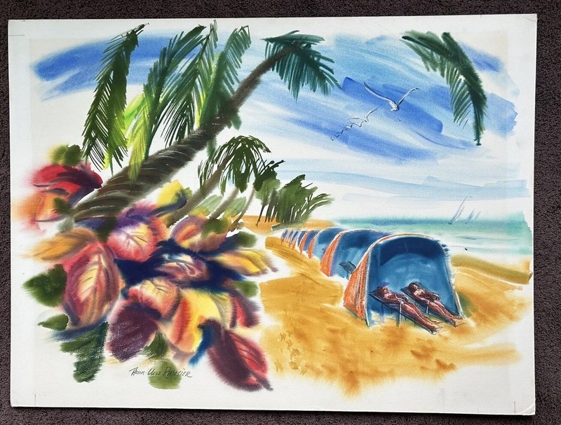 Thomas Llyod Ramsier San Diego CA Listed Artist Painting Large Beach Scene 1970s