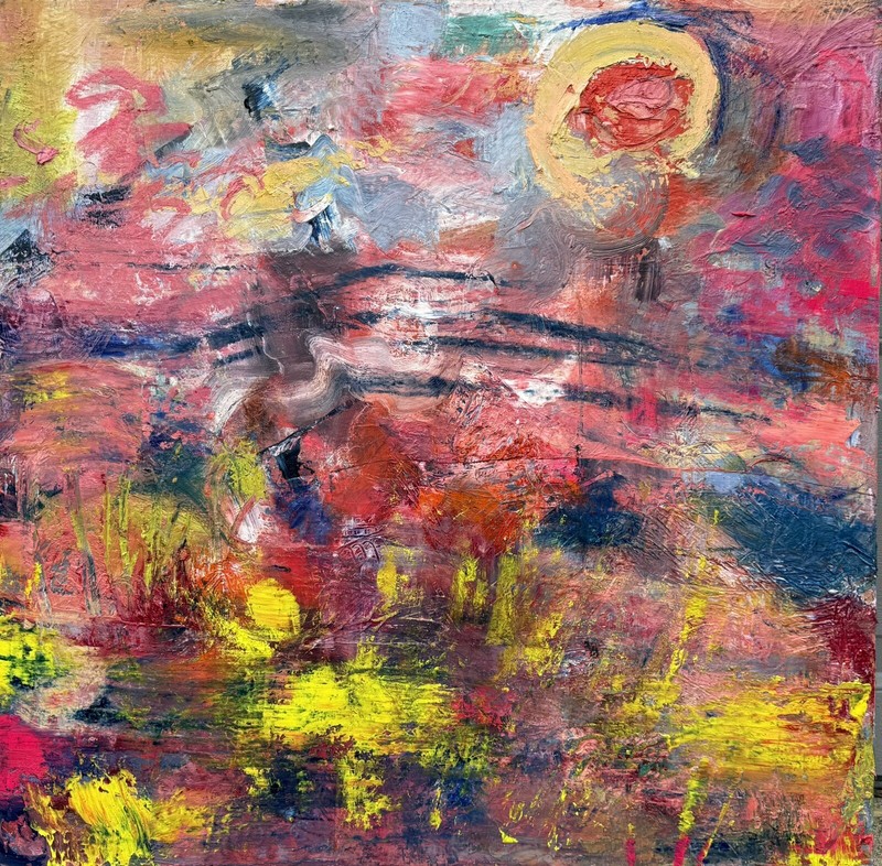 Abstract Expressionism Oil Painting By MBollen Yellow Flowers Mountain Sun West