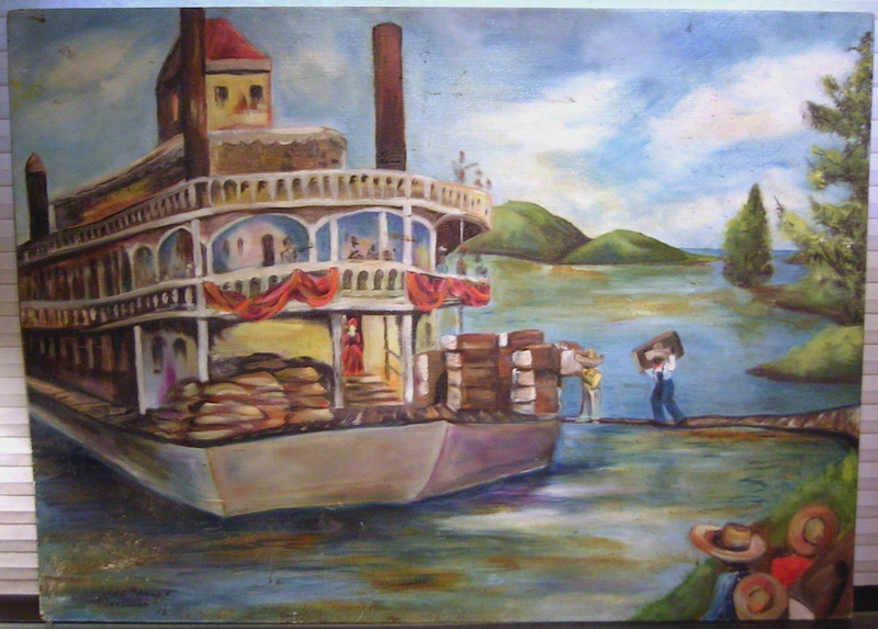 Vintage Landscape Oil Painting Mississippi Steamboat Loading Dock