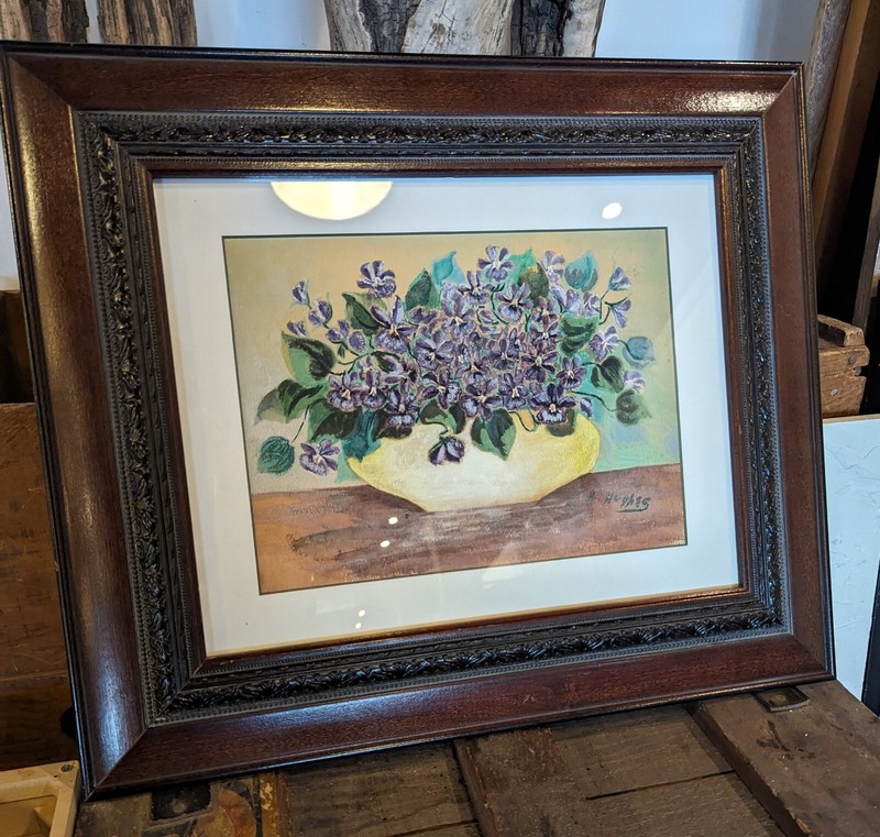 Framed Still Life Flowers Painting by E Hughes MCM Artwork