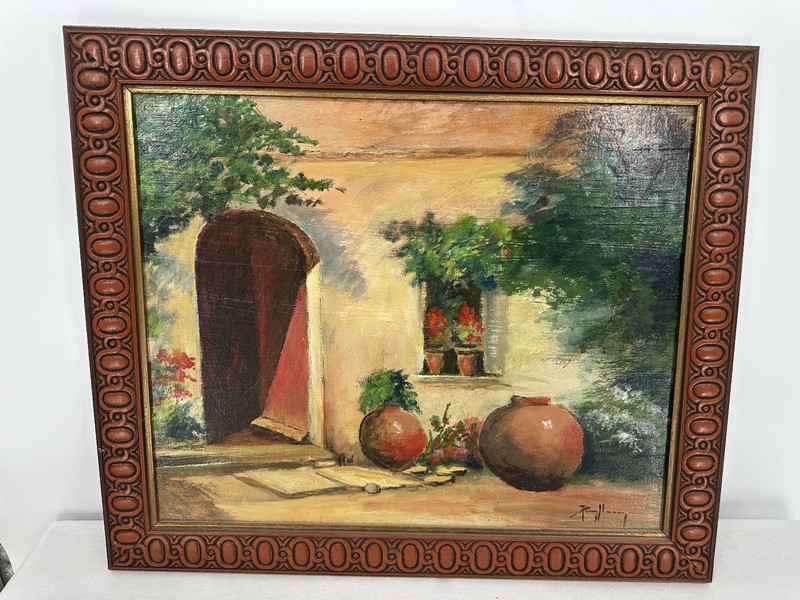 26″ x 22″ Oil on Board Framed Oil Painting Terracotta Pots Landscape