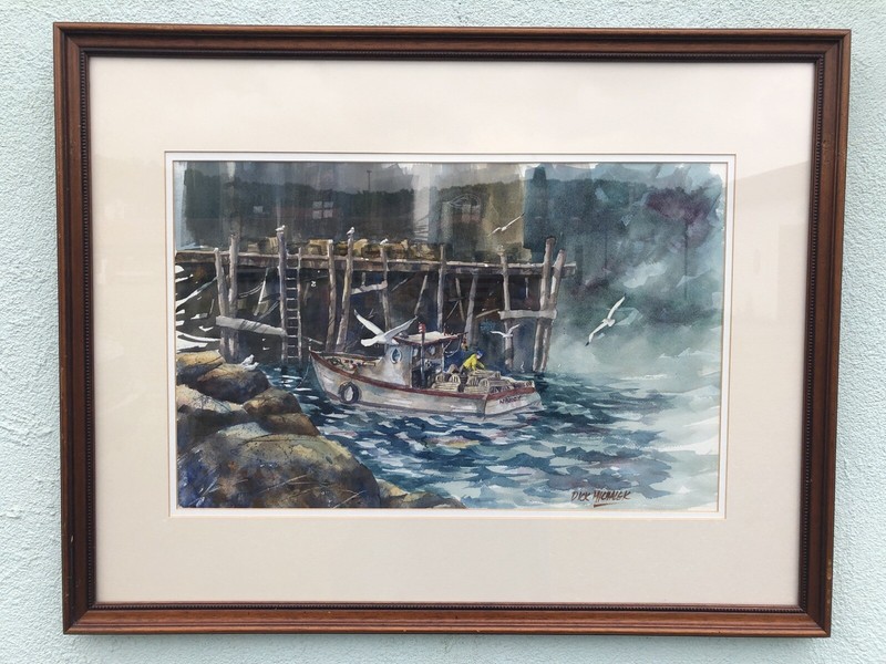 Signed Dick Michalek WC Of A Lobster Boat In A Harbor 21 1/2” X 27 1/2