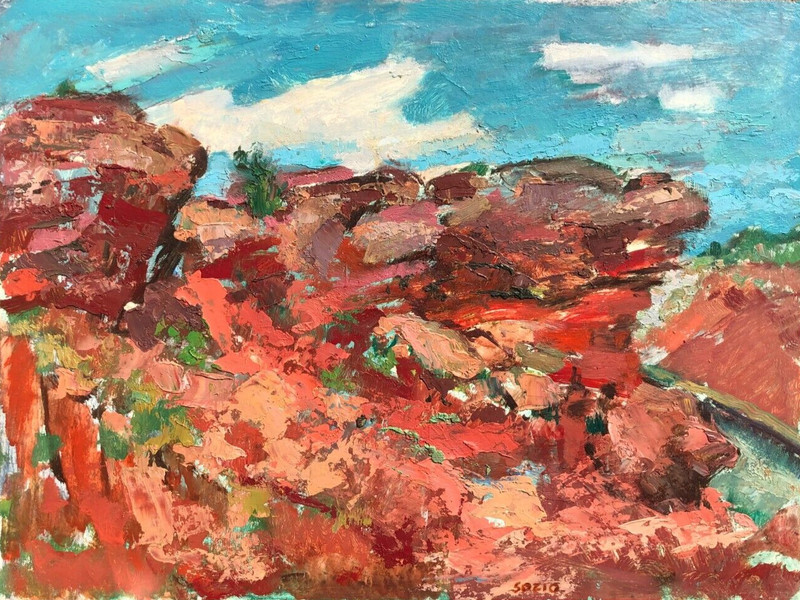 New Mexico, Red Rocks Landscape -18 x 24 Oil Painting – 1960s- Armando Sozio