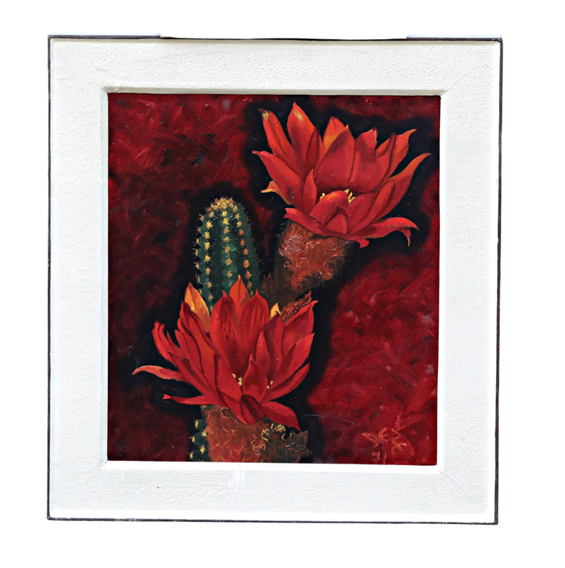 Levenberg Blooming Cactus Oil On Wood Signed Original Painting, Framed