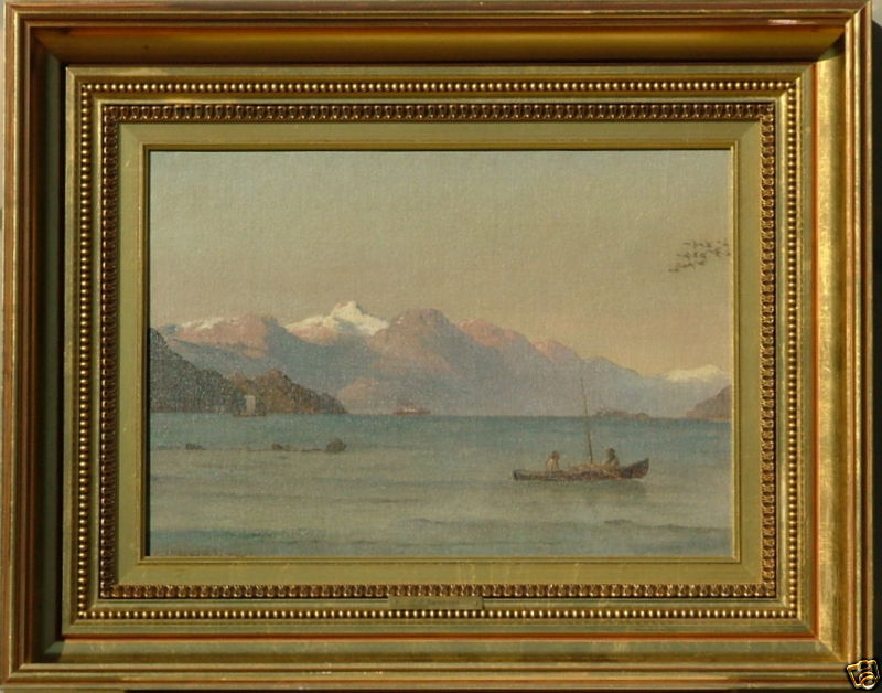 C. F. SORENSEN FJORD WITH SHIPS AND GEESE LISTED 19 c. SIGNED OIL PAINTING