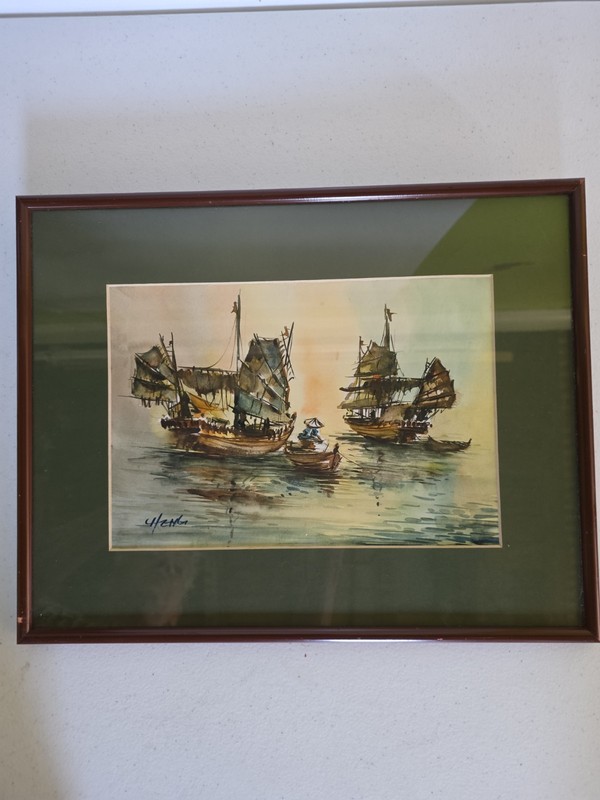 Pair Vintage Mid Century Chinese Junk Boat Watercolor Paintings Framed Signed