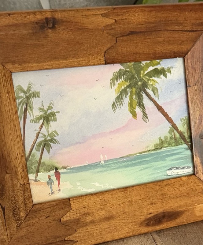 Original Signed Framed Watercolor Painting Beach Mother & Child Boat 10x8 OOAK gallery