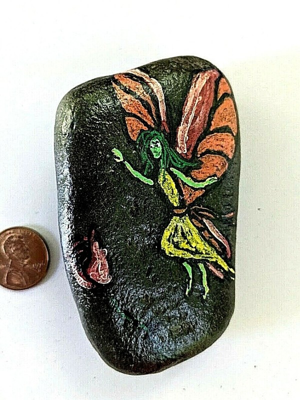 HAND PAINTED RIVER STONE ART «Green Hair Fairy» by Yellow Paw Collectible Rocks