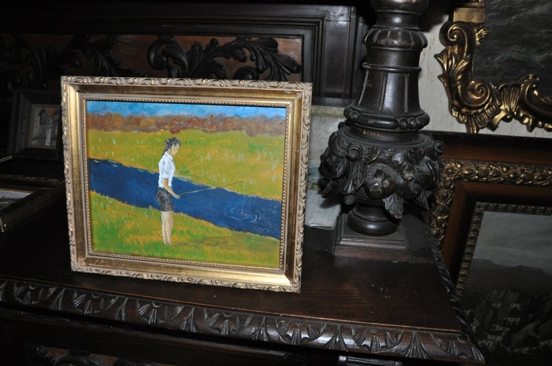 Vintage Girl Fishing Beautiful Oil Painting