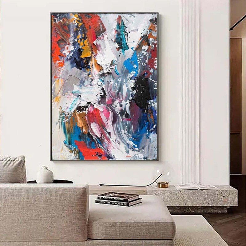 Gray Red Doodle Hand Painted on Canvas Abstract Wall Art Textured Home Decor