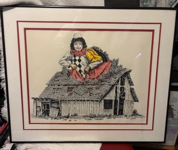 Original Clown & Barn Art by Richard Norbeck – Signed Folk Surreal Drawing